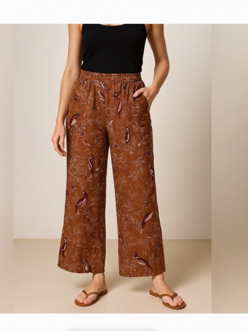 Tahari 100% linen bird print wide leg pants